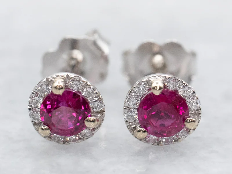 Ladies earrings minimalist gold studs-Ruby Stud Earrings with Diamond Halo