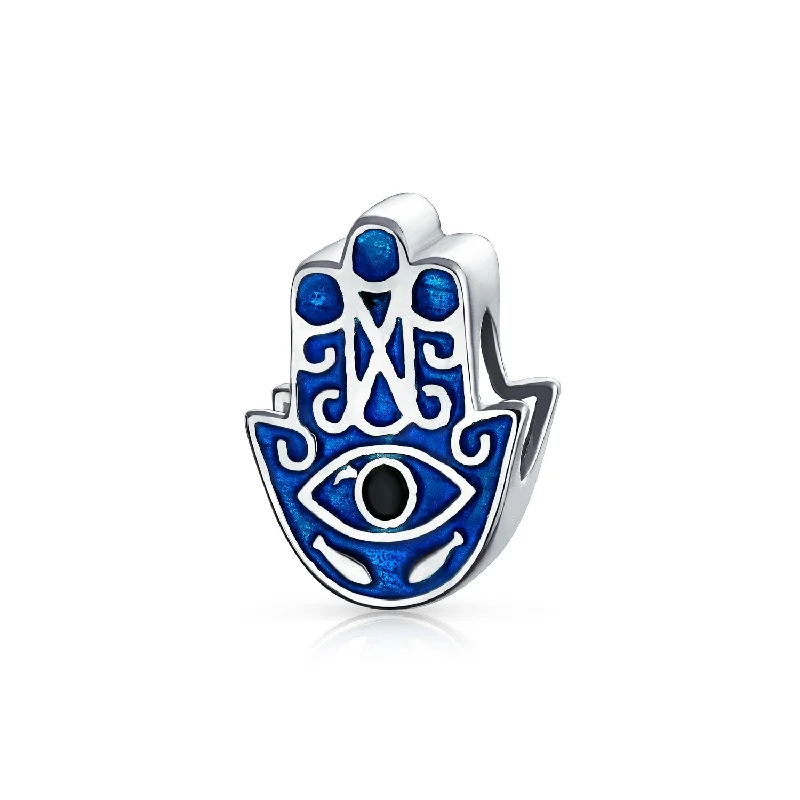 Ladies bracelets heritage inspired bracelets-Blue Hamsa Hand Evil Eye Good Luck Charm Bead in Sterling Silver for Bracelets