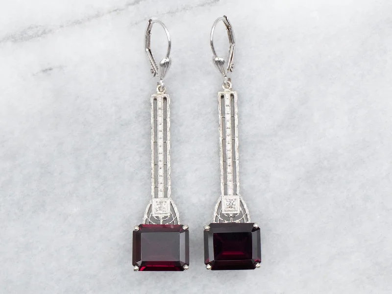 Ladies earrings soft touch styles-East to West Rhodolite Garnet and Diamond Drop Earrings