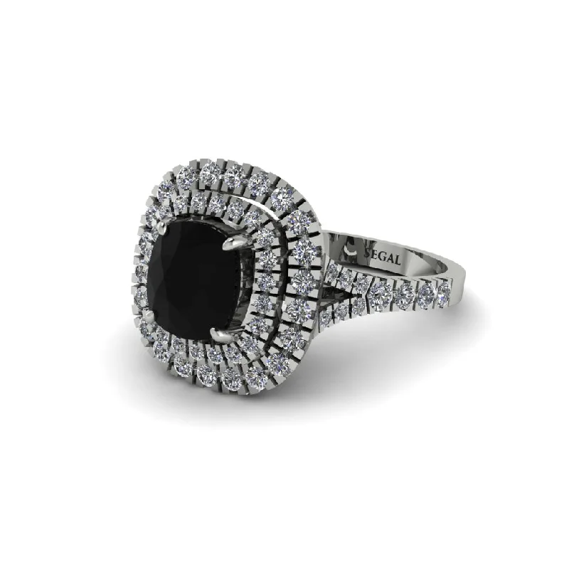 Ladies engagement rings statement rings-Black Diamond Double Halo Cushion Cut Engagement Ring - Courtney No. 9