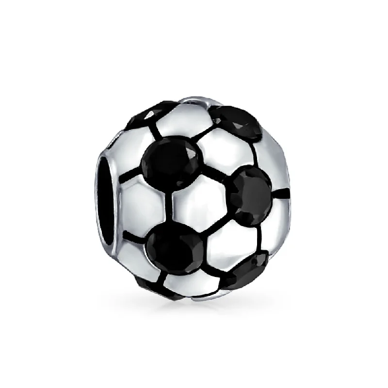 Ladies bracelets memory-inspired pieces-Black CZ Soccer Ball Mom Football Player Charm Bead Silver for European Bracelet