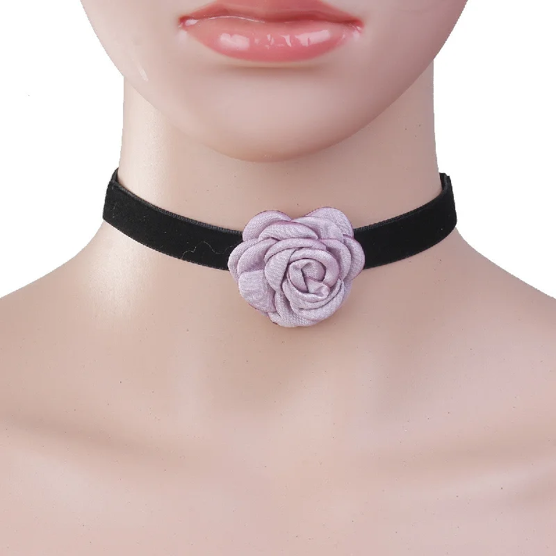 Ladies necklaces nameplate style designs-Sexy Sparkles New Style Black Choker Mauve Flower Necklace