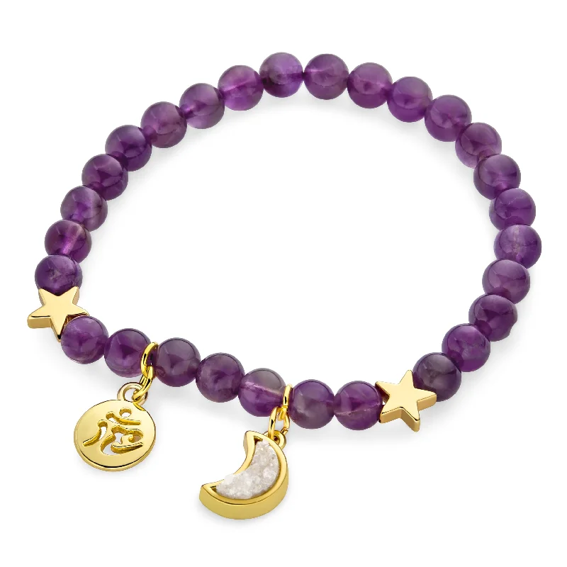 Ladies bracelets art nouveau styles-Semi Precious Druzy 6MM Purple Gemstone Stretch Bracelet with Ohm Charm