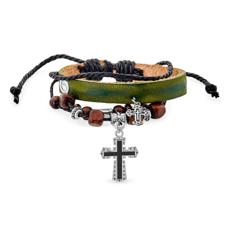 Ladies bracelets baguette cut designs-Unisex Boho Wrap Bracelet with Leather Wood Beads & Cross Charm for Men