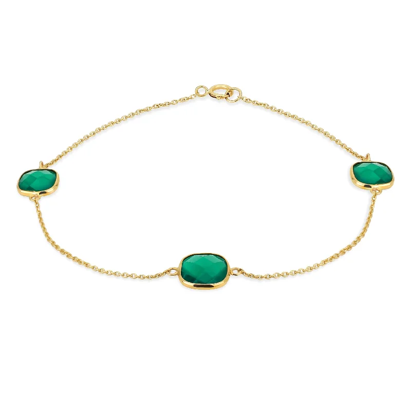 Ladies bracelets flat band bracelets-Delicate 10K Yellow Gold Chain Link Bracelet with Green Onyx Briolette