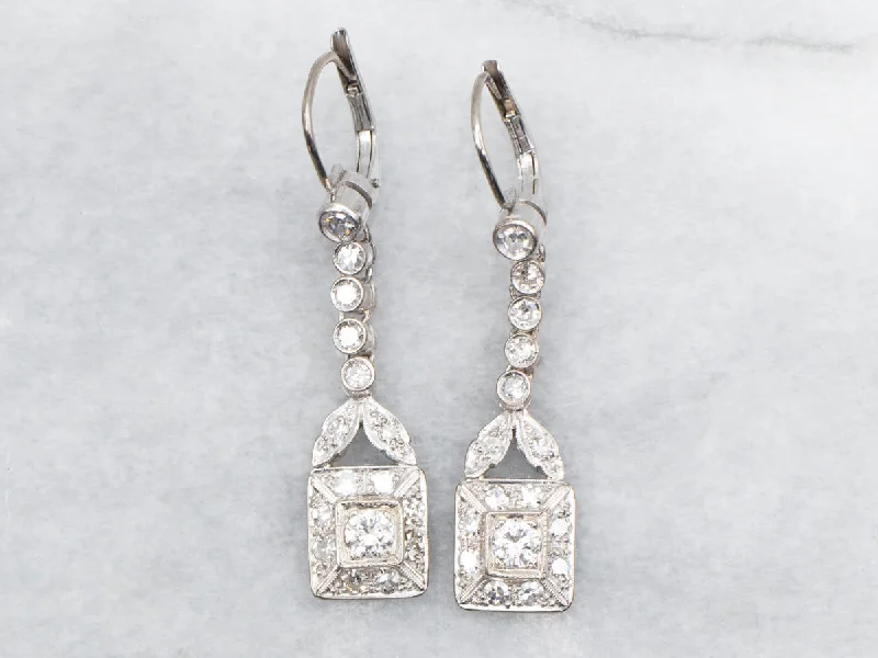 Ladies earrings princess cut designs-Diamond Square Shaped Drop Earrings