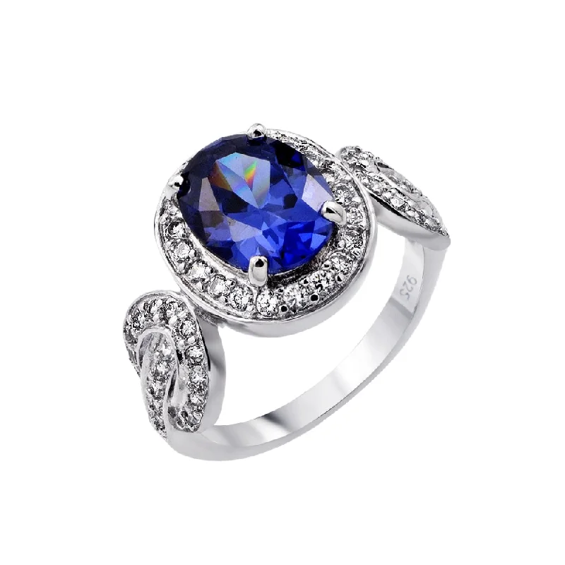 Ladies rings online shopping deals-Silver 925 Rhodium Plated Blue Center and Clear Inlay CZ Bridal Ring - BGR00788