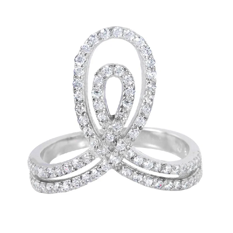 Ladies rings family heirloom rings-Silver 925 Rhodium Plated Clear Pave Set Double Loop Ring - BGR00946