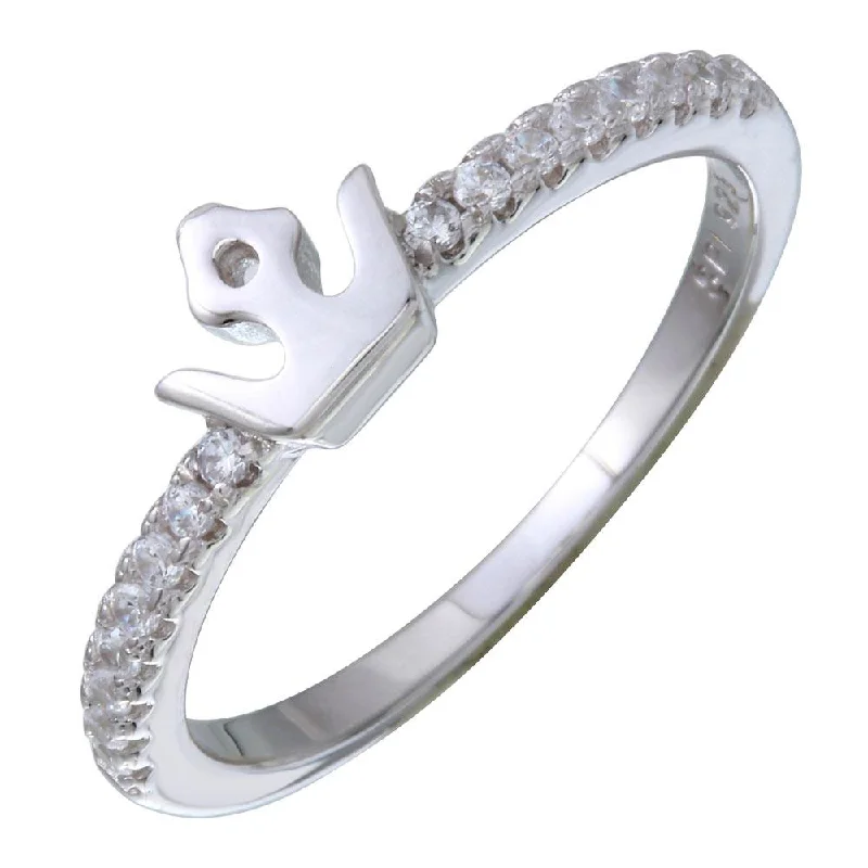 Ladies rings birth month styles-Rhodium Plated 925 Sterling Silver Mini Crown Ring with CZ - STR01089