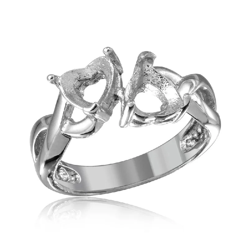 Ladies rings sci-fi inspired rings-Silver 925 Rhodium Plated Double Heart  Mounting Twisted Shank Ring - BGR01219