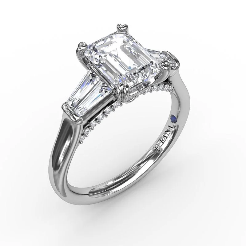 Ladies engagement rings African halo designs-Emerald-Cut Diamond Engagement Ring With Tapered Baguette Side Stones