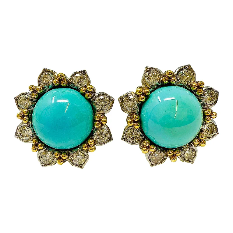 Ladies earrings rose-cut diamond styles-18K Gold Round Clip-on Earrings with Turquoise and Diamonds