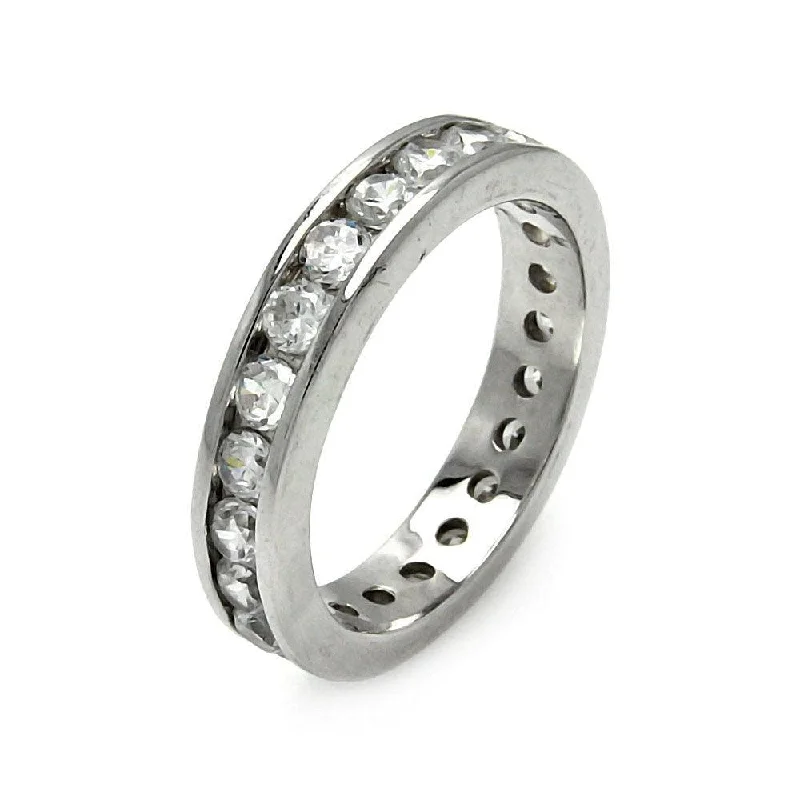 Ladies rings unique artisan designs-Silver 925 Rhodium Plated Channel Set CZ Stackable Eternity Ring - STR00123