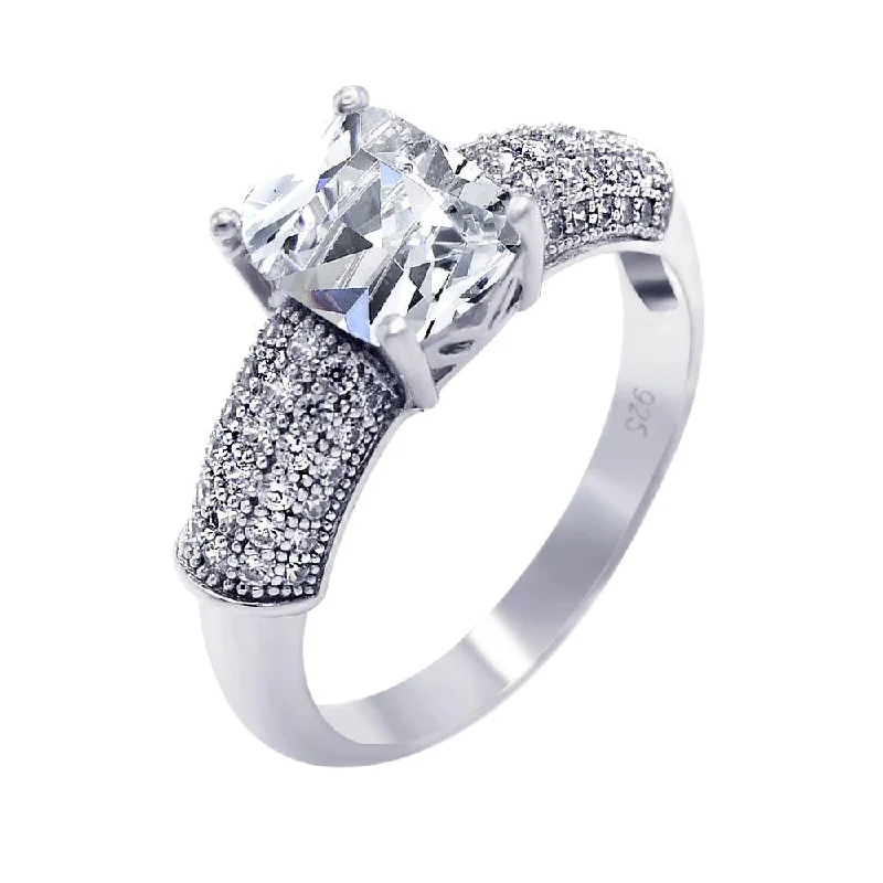 Ladies rings low maintenance styles-Silver 925 Rhodium Plated Micro Pave Square Center CZ Ring - ACR00034