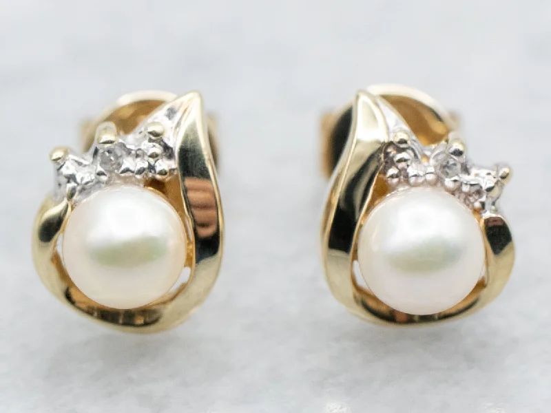 Ladies earrings tapered drop earrings-Saltwater Pearl and Diamond Stud Earrings