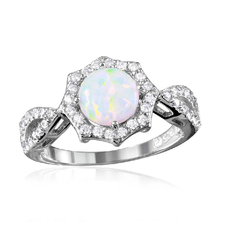 Ladies rings turquoise detail rings-Silver 925 Rhodium Plated Synthetic Opal Halo CZ Ring - BGR01054