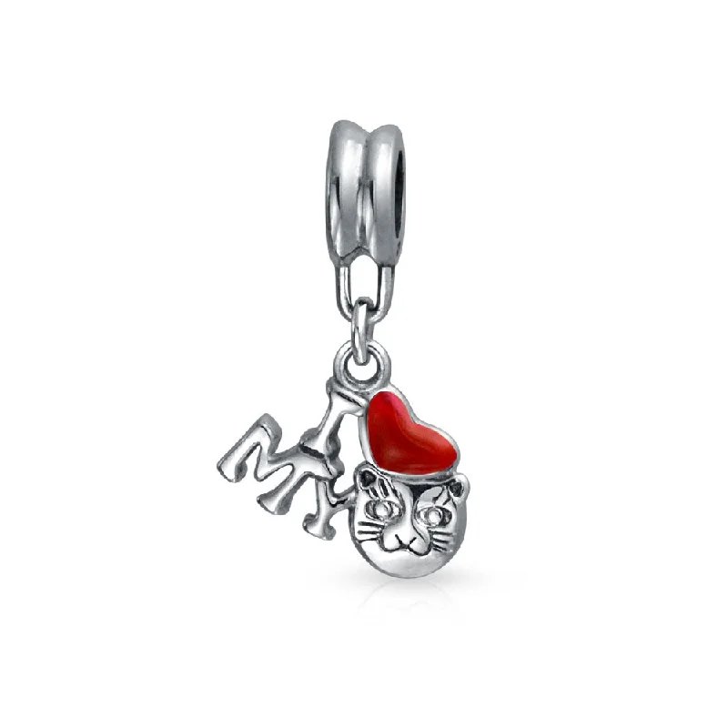 Ladies bracelets extra thin bracelets-Kitten Pet Red Heart 'I Love My Cat' Dangle Charm Bead for European Bracelet