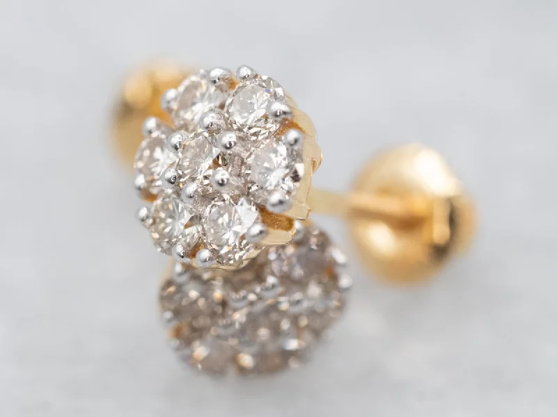 Ladies earrings flexible drop earrings-Yellow Gold Diamond Floral Cluster Stud Earrings