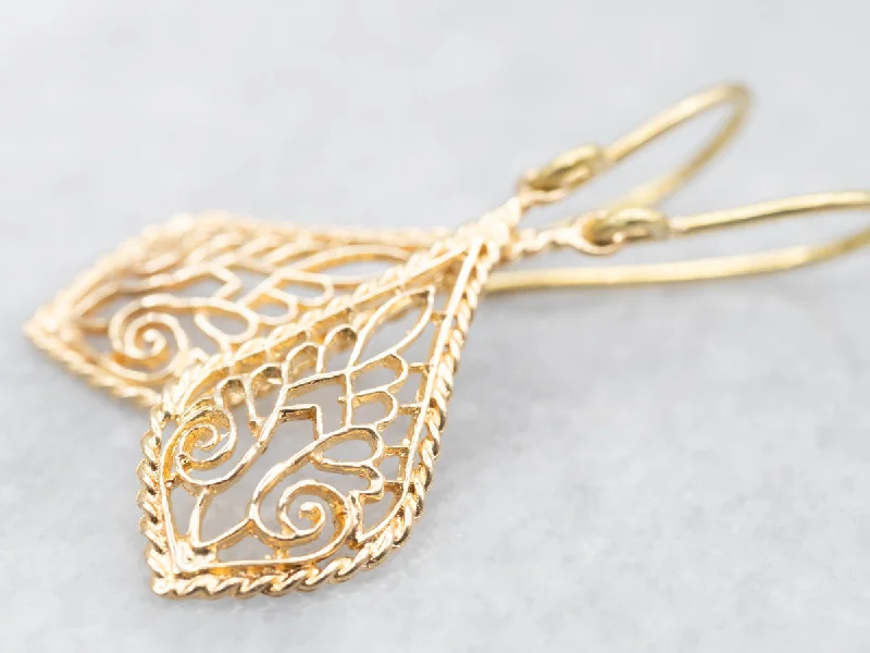 Ladies earrings monochromatic styles-Yellow Gold Filigree Drop Earrings