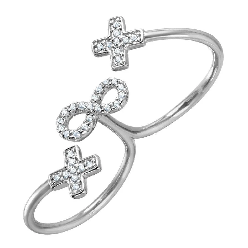 Ladies rings e-commerce store finds-Silver 925 Rhodium Plated Crosses and Infinity CZ Two-Finger Open Ring - BGR00999