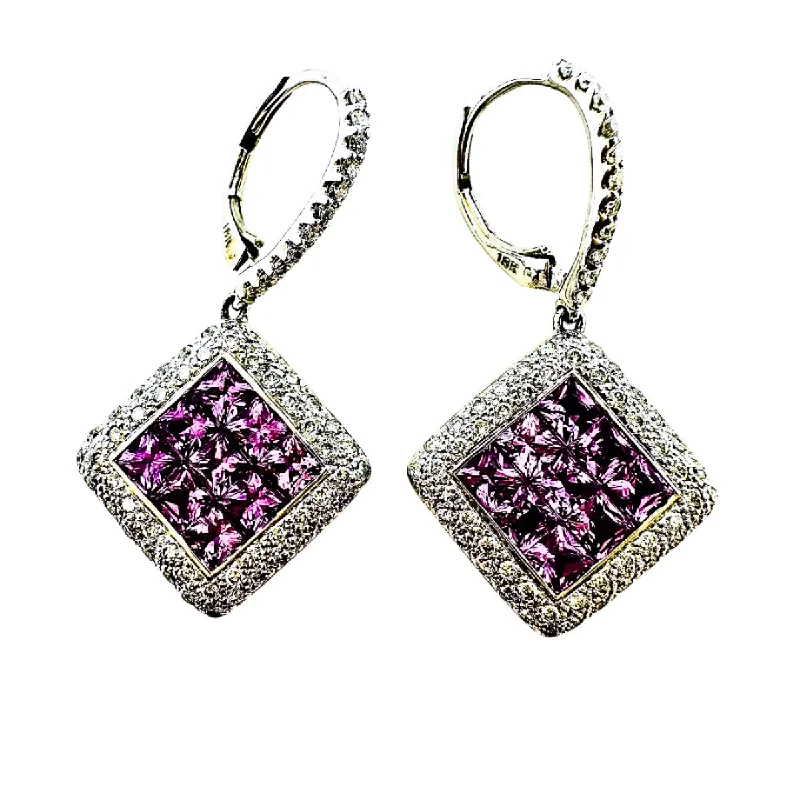 Ladies earrings ideal proposal gifts-18K White Gold Pink Sapphire and Diamond Drop Earrings