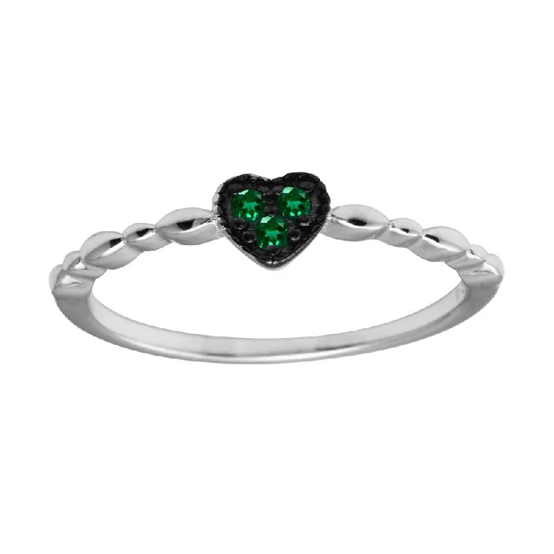 Ladies rings delicate thin bands-Rhodium Plated 925 Sterling Silver Heart 3 Green CZ Ring - BGR01227GRN