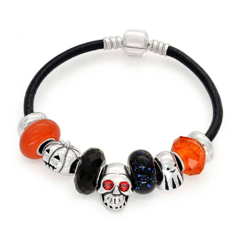 Ladies bracelets festive season styles-Halloween Skull Ghost Pumpkin Charm Leather Bracelet Sterling Silver