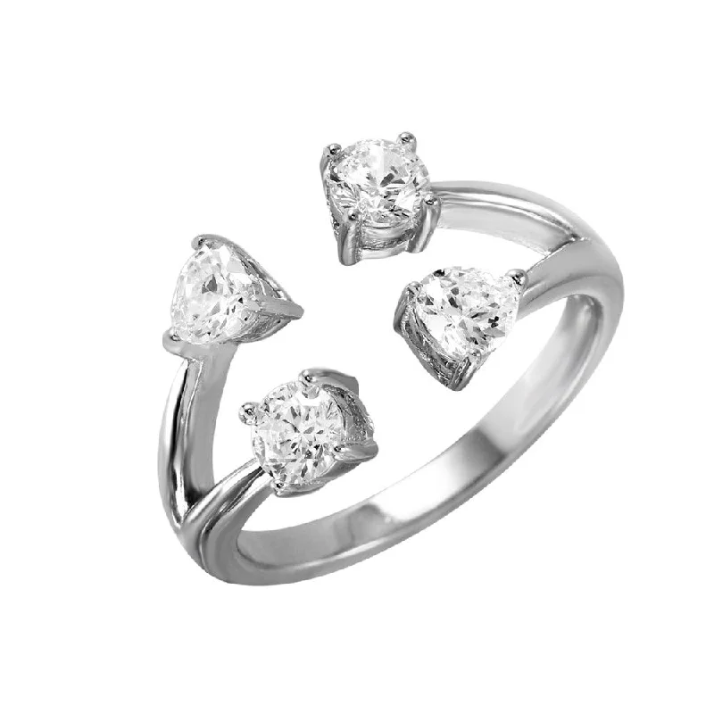 Ladies rings slip-on ring styles-Silver 925 Rhodium Plated 4 Ends Open Ring with CZ Accents Caps - BGR00985