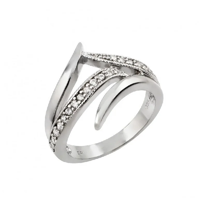 Ladies rings contemporary classic designs-Silver 925 Rhodium Plated Clear CZ Intersecting Line Ring - STR00971