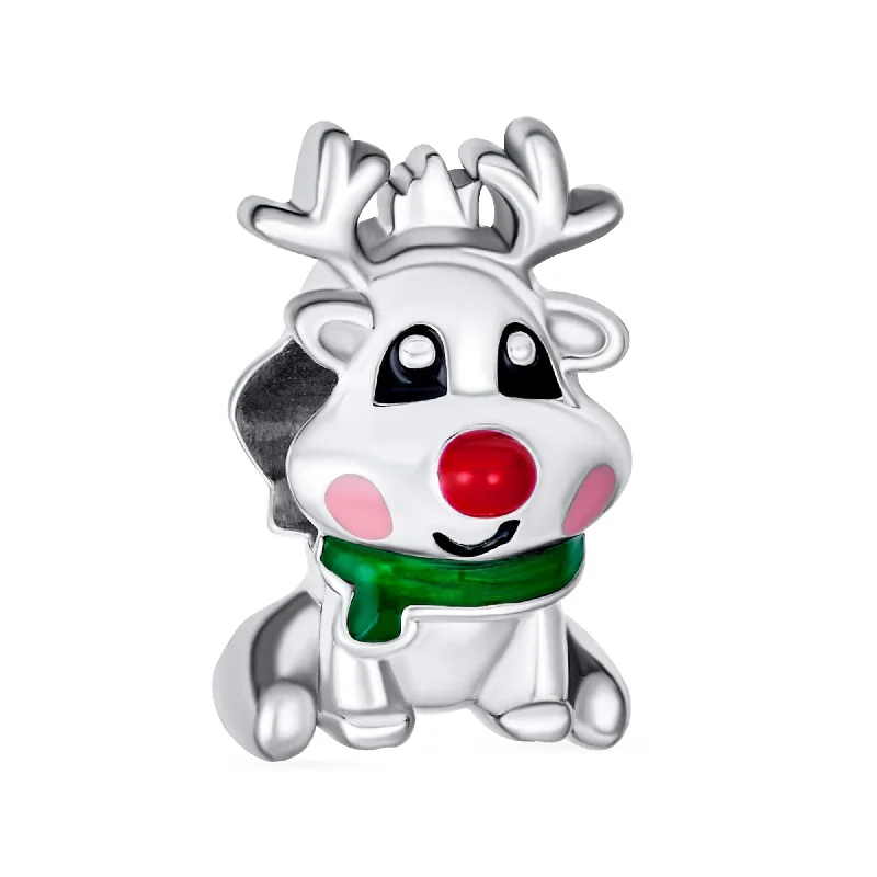 Ladies bracelets architectural style designs-Rudolph Red Nose Reindeer Christmas Charm Bead for European Bracelets Sterling Silver