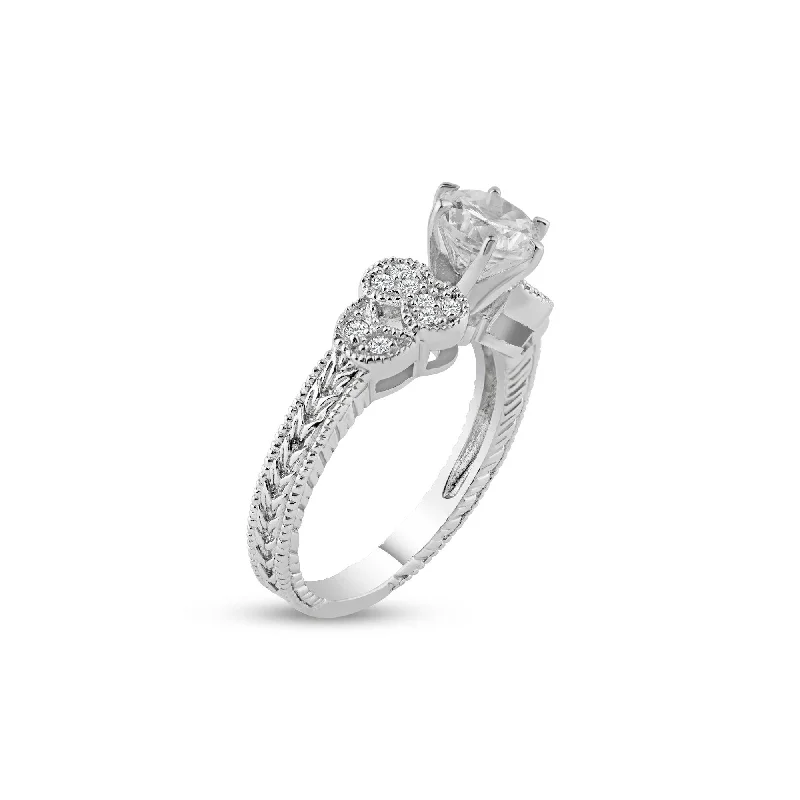 Ladies rings travel-friendly designs-Silver 925 Rhodium Plated Pave Clear Round Center CZ Ring - ACR00020