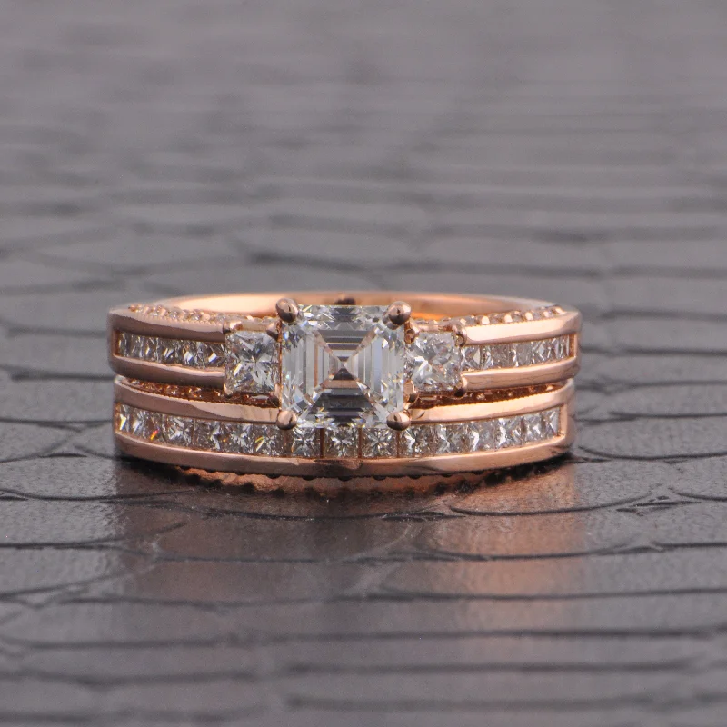 Ladies engagement rings ceramic halo styles-Asscher Cut Diamond Engagement Ring and Wedding Band in Rose GOld