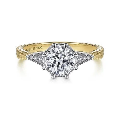 Ladies engagement rings pave solitaires-Sanna - Vintage Inspired 14K White-Yellow Gold Round Diamond Channel Set Engagement Ring (Setting Only)