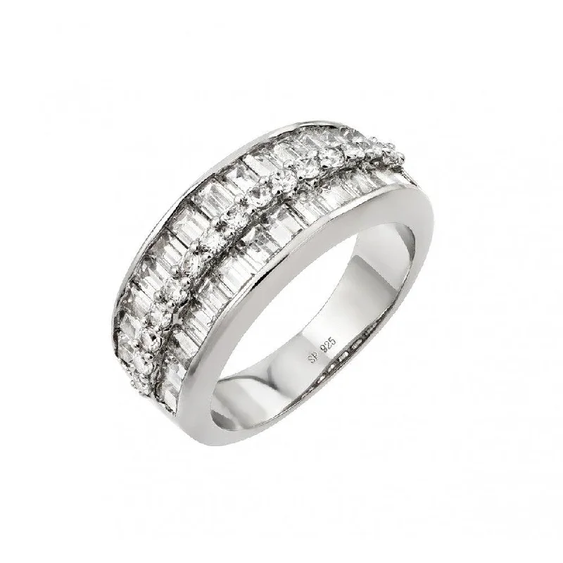 Ladies rings blue diamond styles-Silver 925 Rhodium Plated Clear Baguette CZ Channel Ring - STR00956