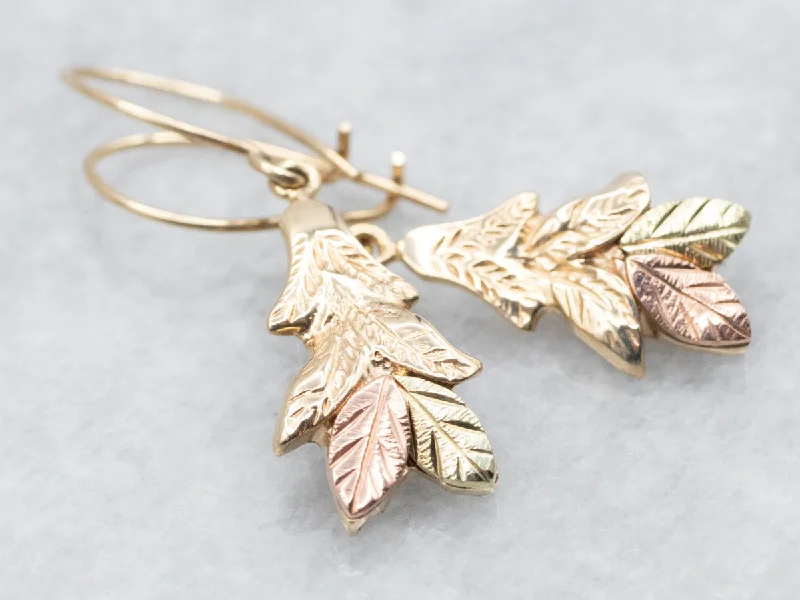 Ladies earrings everyday glamour styles-Tri Color Botanical Gold Drop Earrings