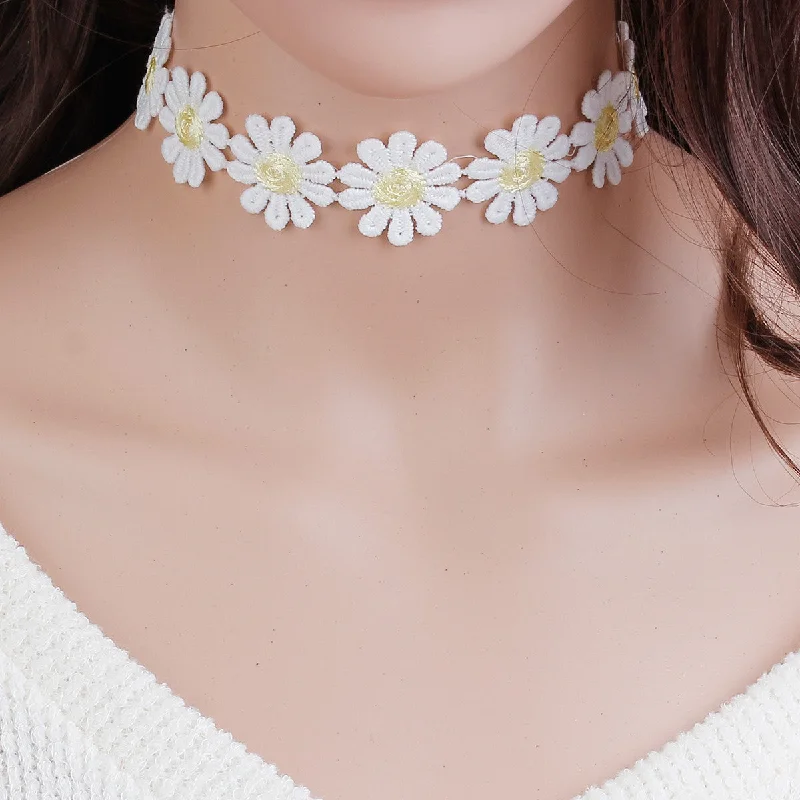 Ladies necklaces sparkle detail designs-Sexy Sparkles White & Yellow Daisy Flower Choker Necklace for Women Girls Gothic Choker Bolo Tie