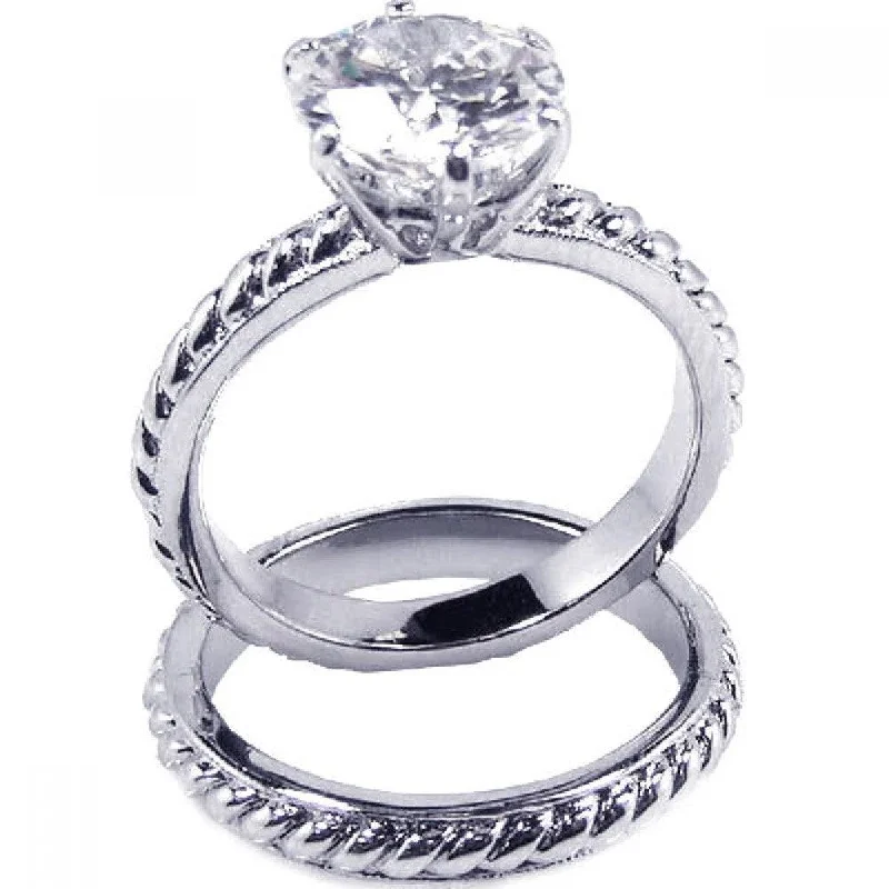 Ladies rings elegant timeless looks-Silver 925 Rhodium Plated Clear Solitaire CZ Rope Bridal Ring Set - BGR00089