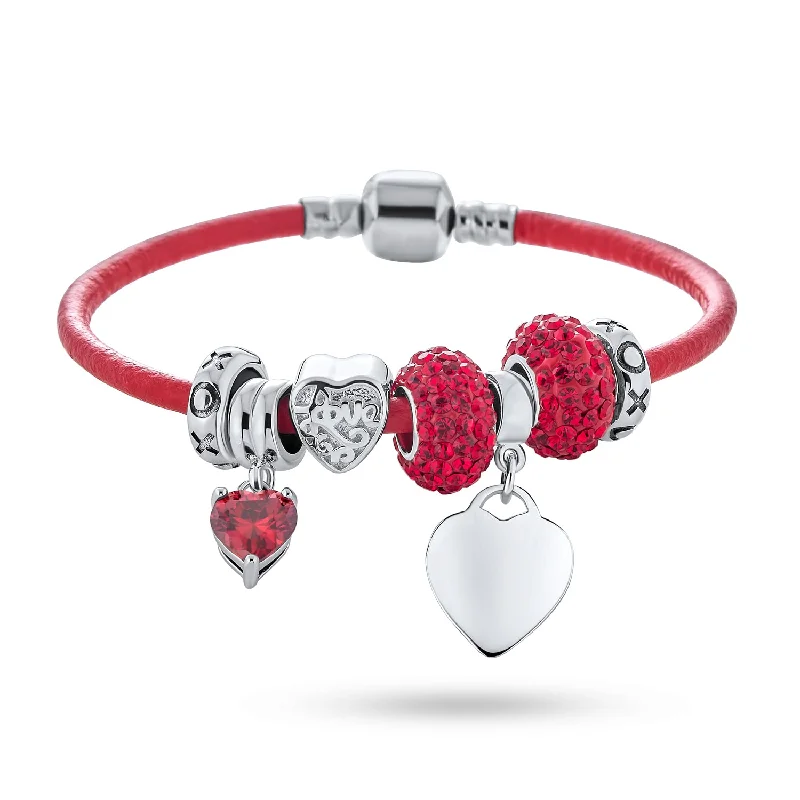 Ladies bracelets moonstone glow styles-Heart Love Couples Bead Charms Bracelet Leather 925 Sterling Silver