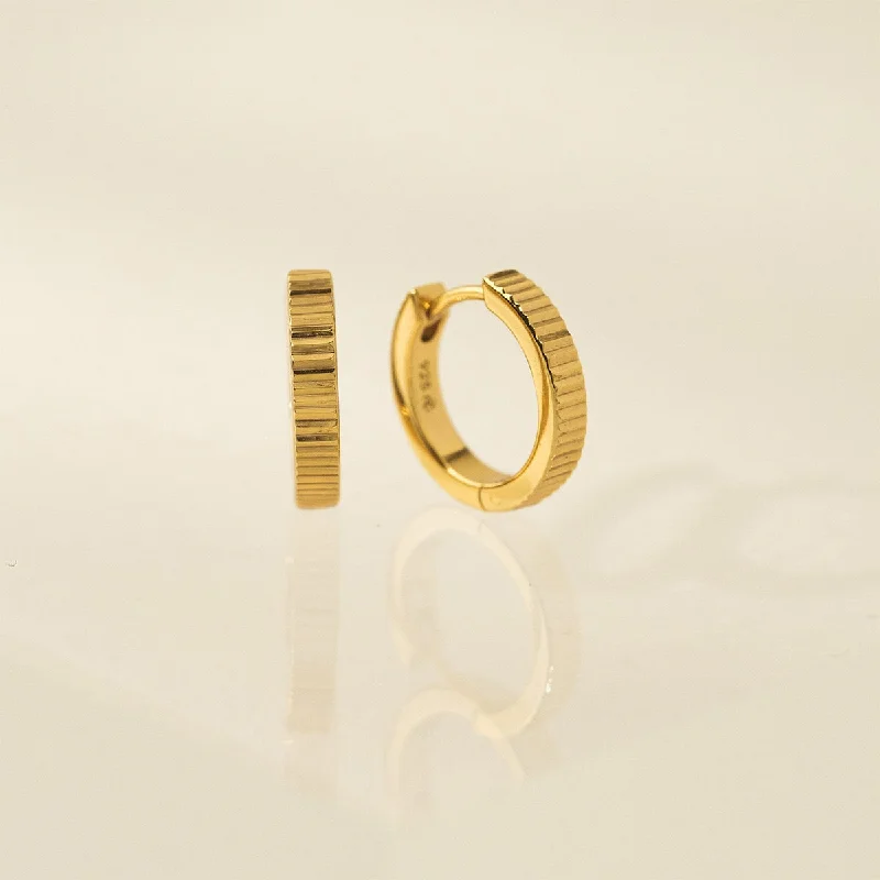 Ladies earrings thin drop earrings-Gold Plated 15mm Fluted Huggie Hoop Earrings