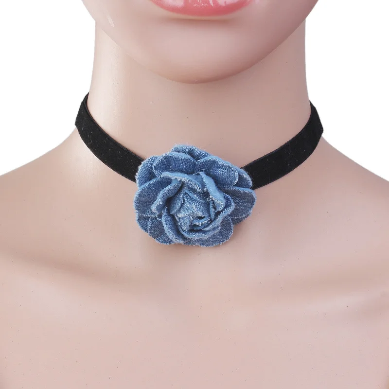 Ladies necklaces avant-garde designs-Sexy Sparkles New Style Black Choker Necklace with  Blue Flower