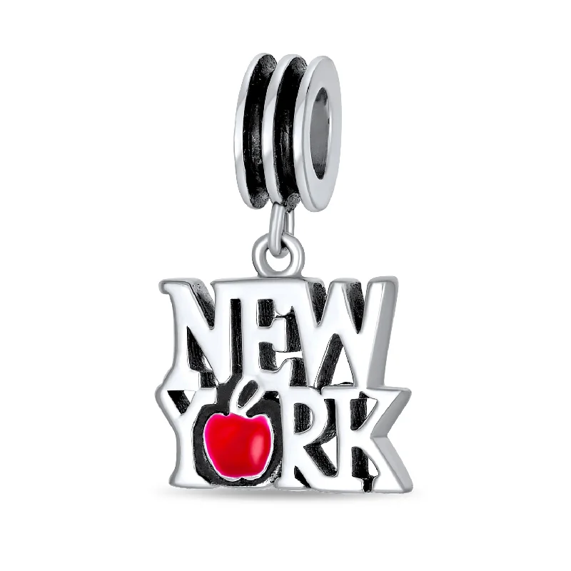 Ladies bracelets iridescent finish designs-Red Big Apple I Love New York Dangle Charm Bead Enamel Sterling Silver for Bracelet