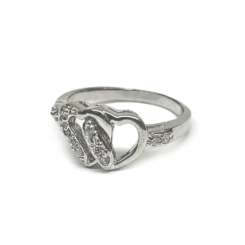 Ladies rings understated elegance styles-Rhodium Plated 925 Sterling Silver Open Double Heart Clear CZ Ring - AAR0029