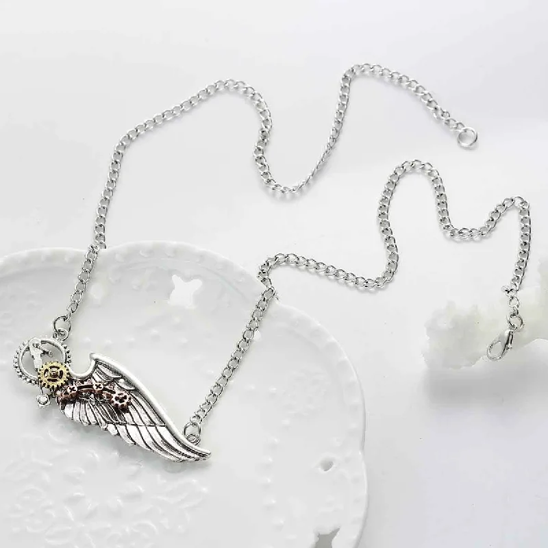 Ladies necklaces long-lasting necklaces-SEXY SPARKLES Steampunk Necklace Link Curb Chain Antique Silver Wing Gear For Women