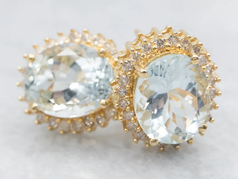 Ladies earrings pink diamond styles-Aquamarine and Diamond Halo Stud Earrings