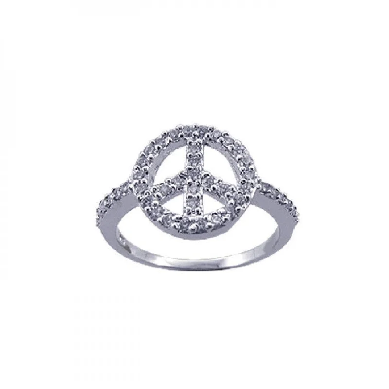 Ladies rings etched pattern styles-Silver 925 Rhodium Plated CZ Peace Sign Ring - STR00591