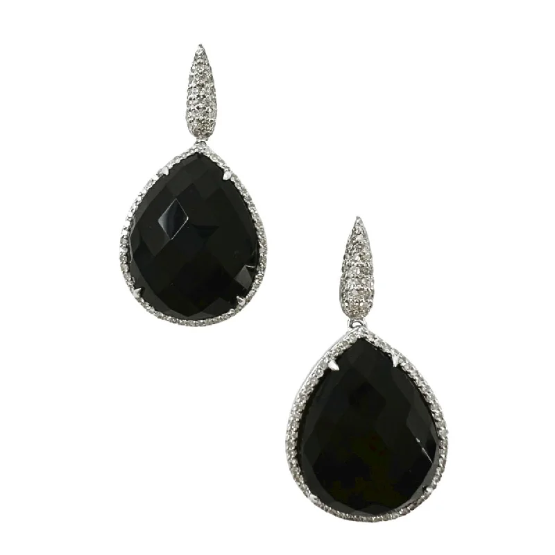 Ladies earrings heritage inspired earrings-14K White Gold Drop Earrings with Teardrop Shaped Onyx and Diamonds