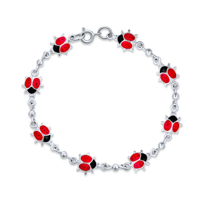 Ladies bracelets antique style designs-Good Luck Chain Link Bracelet with Red Ladybugs Charms Sterling Silver 7-7.5 Inch