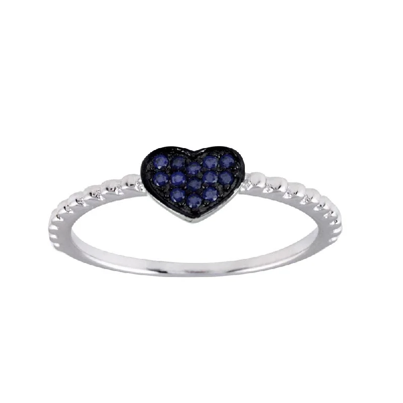 Ladies rings smart buying advice-Rhodium Plated 925 Sterling Silver Beaded Heart Blue CZ Ring - BGR01245BLU