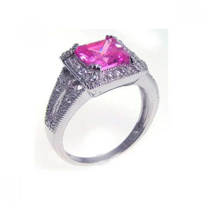 Ladies rings wear-resistant styles-Silver 925 Rhodium Plated Princess Cut Pink and Clear Cluster CZ Ring - STR00534