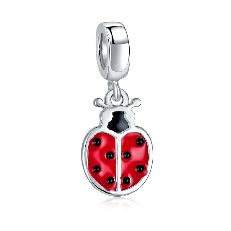 Ladies bracelets modern sleek appeal-Personalized Red Ladybug Dangle Charm Bead in Sterling Silver for European Bracelets